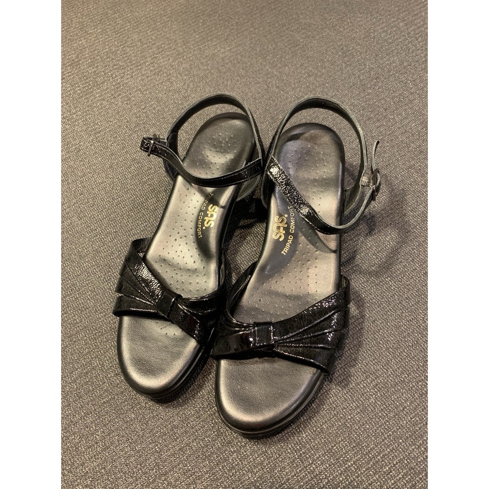New SAS Women's Black Strippy Quarter Strap Wedge Sandal Shoes Size 8.5 N